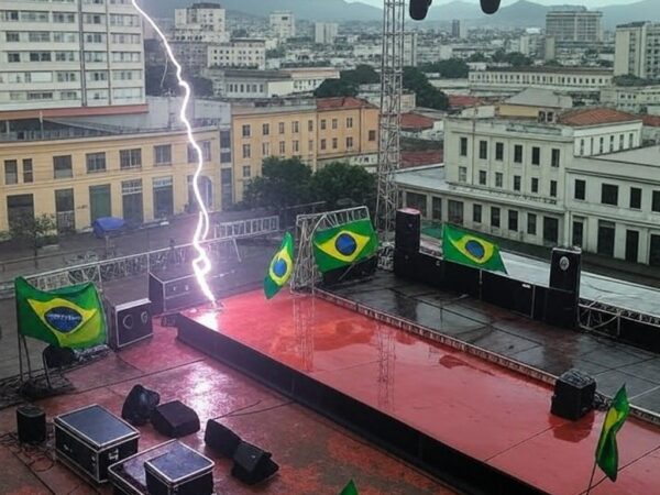 Raio atingindo ato político em Belo Horizonte, causando pânico, com palco vazio e equipamentos espalhados sob céu tempestuoso.