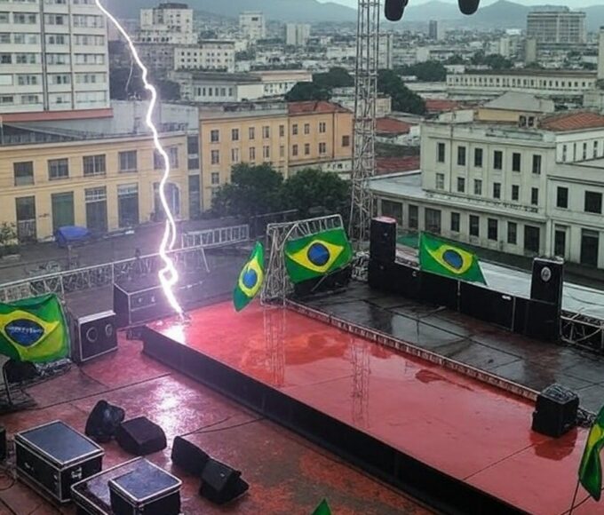 Raio atingindo ato político em Belo Horizonte, causando pânico, com palco vazio e equipamentos espalhados sob céu tempestuoso.