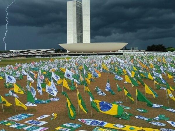 Cena de manifestação em Brasília com Congresso Nacional e raio no céu tempestuoso, representando visita a vítimas.
