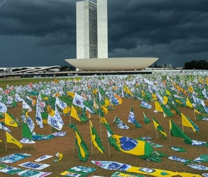 Cena de manifestação em Brasília com Congresso Nacional e raio no céu tempestuoso, representando visita a vítimas.
