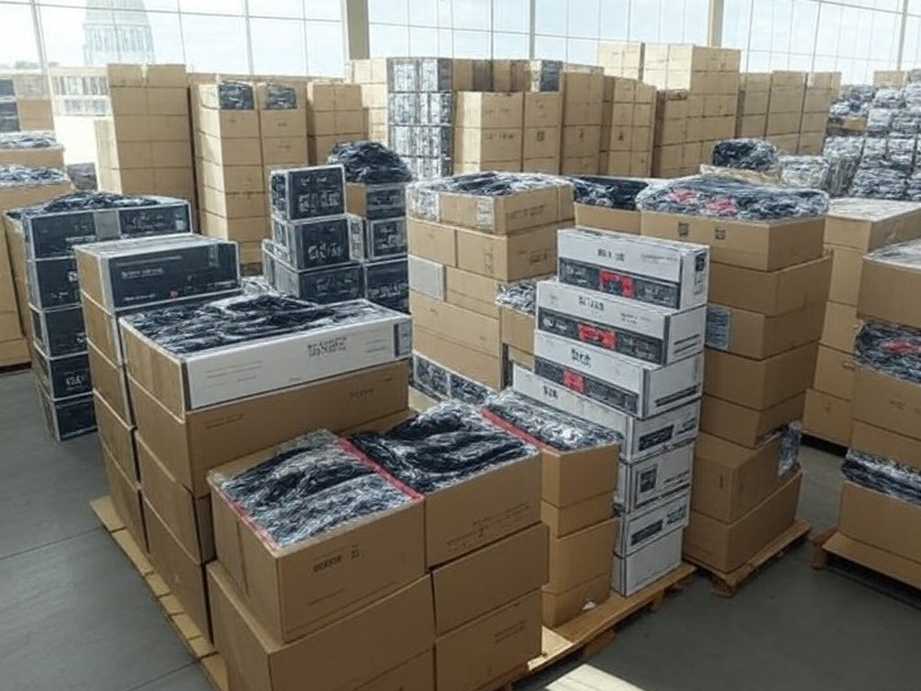 Pilhas de mercadorias irregulares apreendidas em armazém no DF, com arquitetura de Brasília ao fundo.