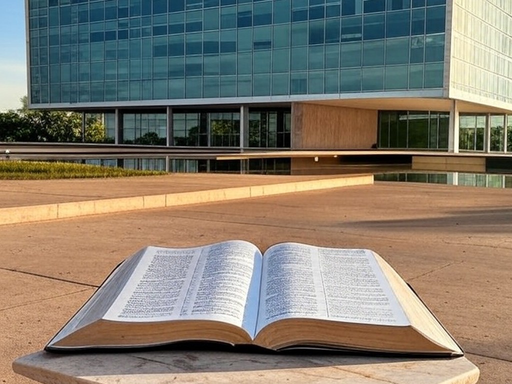 Edifício da CLDF em Brasília com Bíblia aberta e bandeiras oficiais, simbolizando ameaça à laicidade do Estado.