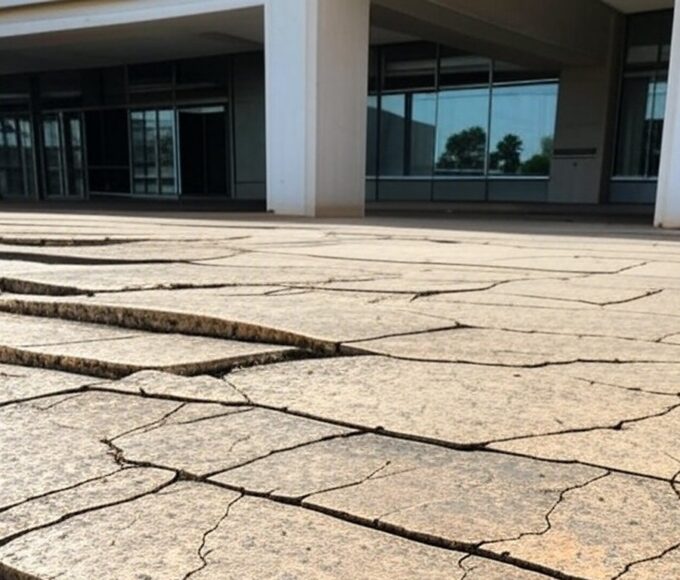 Rampa de acessibilidade quebrada em calçada de Brasília, simbolizando falhas na inclusão para deficientes e TEA no DF.