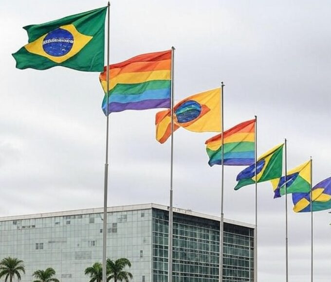Edifício da CLDF em Brasília com bandeiras LGBTQIAPN+ em dia nublado, representando anúncio do Programa Reconhecer amid críticas.