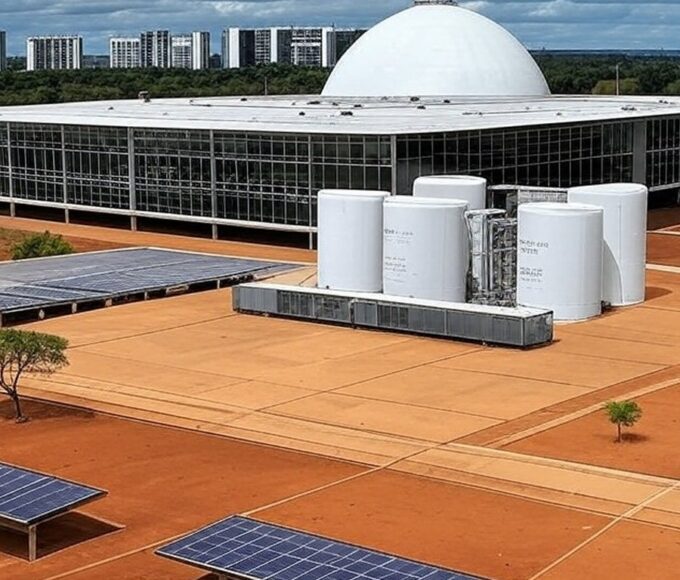 Estação de hidrogênio verde em Brasília com céu poluído e terra seca, destacando falhas climáticas e lei tardia no DF.