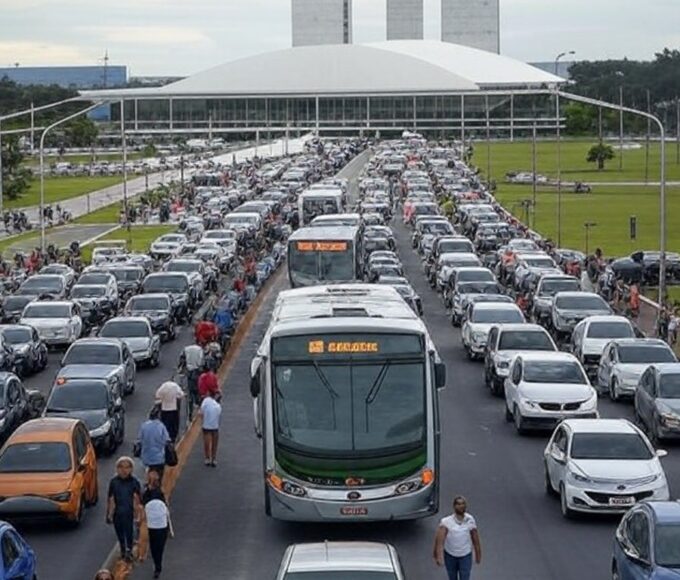 Estação de metrô em Brasília com trens e arquitetura local, simbolizando transparência em custos de transporte.