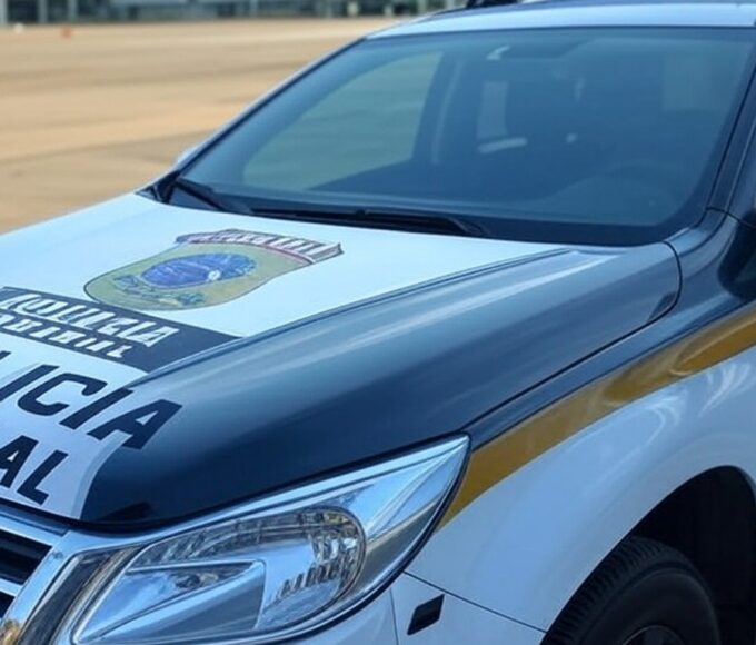 Viatura da Polícia Federal em aeroporto brasileiro com bandeiras do Brasil e EUA, representando ordem ignorada de retorno.