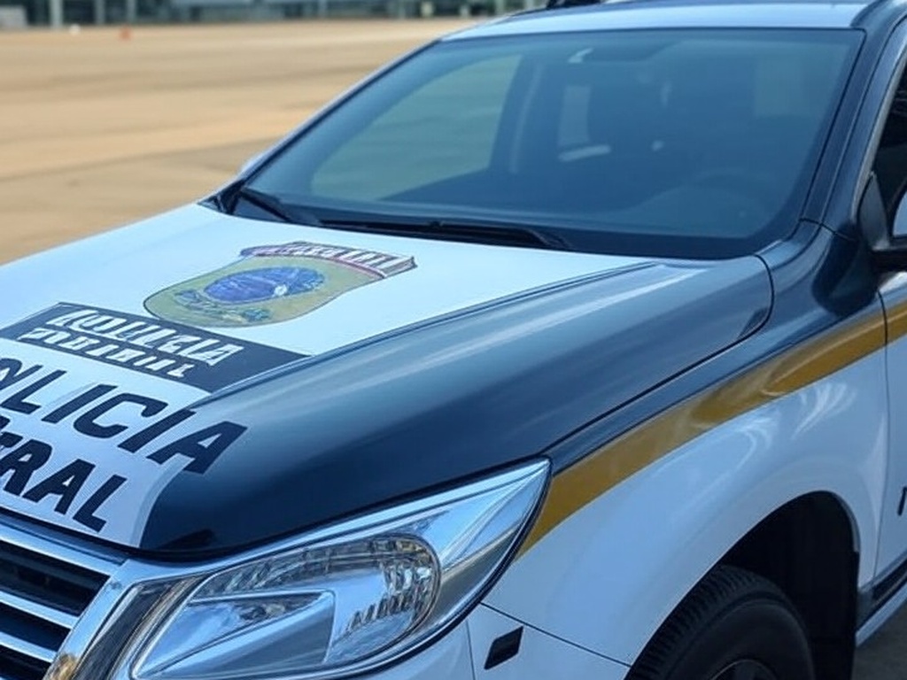 Viatura da Polícia Federal em aeroporto brasileiro com bandeiras do Brasil e EUA, representando ordem ignorada de retorno.