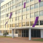 Edifício público em Brasília com fitas roxas simbolizando programa de voluntários contra violência doméstica da Sefami-DF.