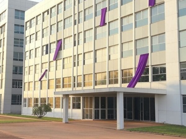 Edifício público em Brasília com fitas roxas simbolizando programa de voluntários contra violência doméstica da Sefami-DF.