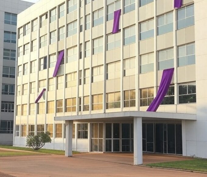 Edifício público em Brasília com fitas roxas simbolizando programa de voluntários contra violência doméstica da Sefami-DF.