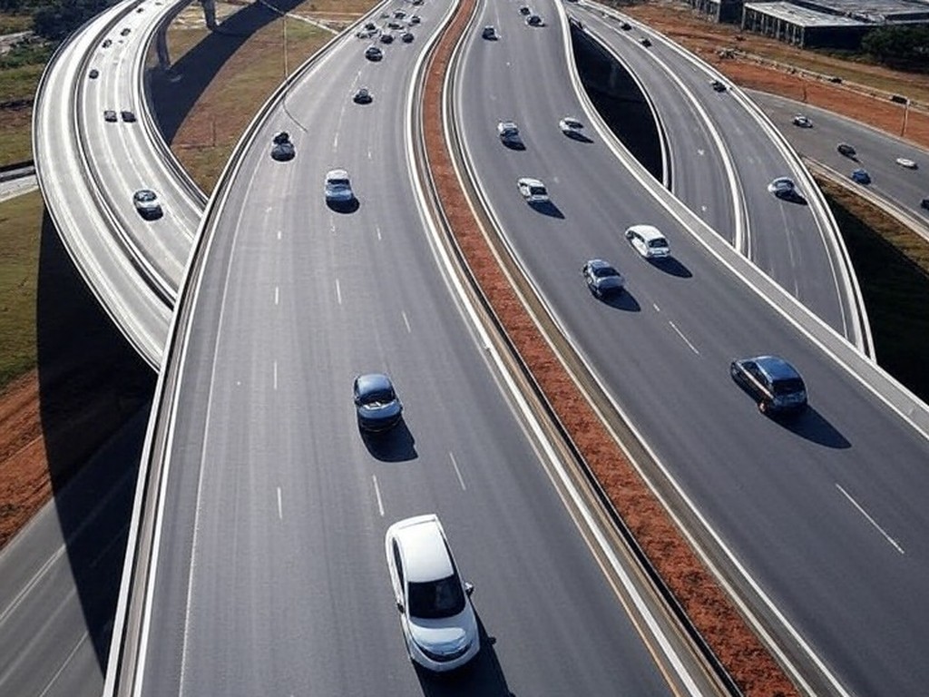 Viaduto em Recanto das Emas, DF, com tráfego fluindo, melhorando mobilidade e reduzindo congestionamentos.