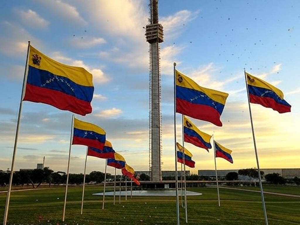 Torre de TV em Brasília com bandeiras venezuelanas e confetes, representando comemoração de exilados pela prisão de Maduro.