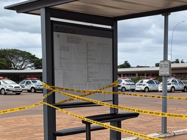 Parada de ônibus em Brasília com fita de isolamento policial e viaturas da PMDF, representando cena de tragédia no DF.