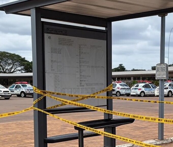 Parada de ônibus em Brasília com fita de isolamento policial e viaturas da PMDF, representando cena de tragédia no DF.
