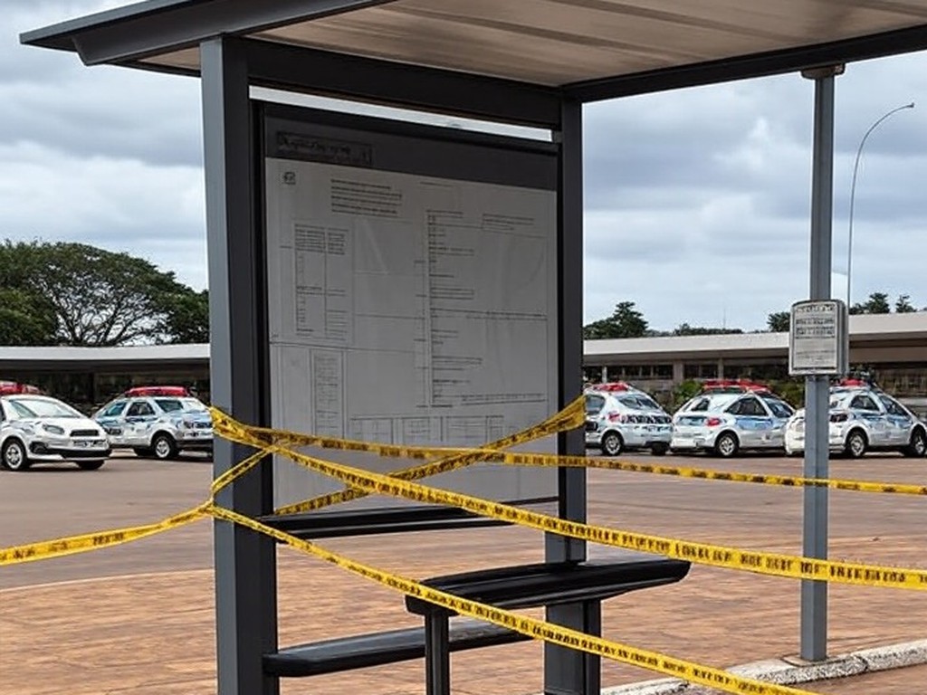 Parada de ônibus em Brasília com fita de isolamento policial e viaturas da PMDF, representando cena de tragédia no DF.