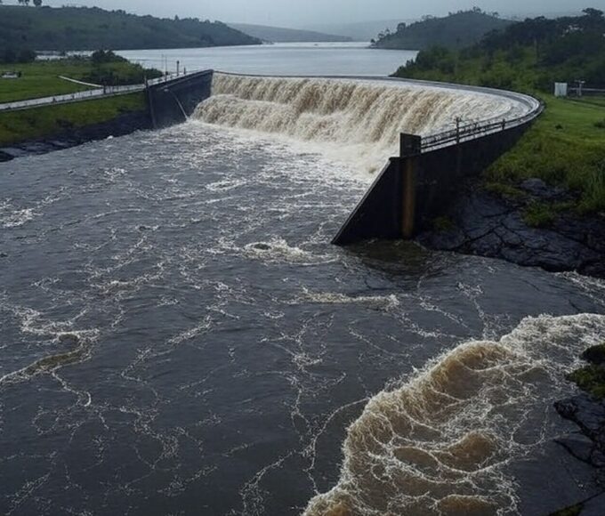 Reservatório do Descoberto transbordando em Brasília, com água fluindo sobre barragem, indicando riscos de inundações e falhas hídricas.