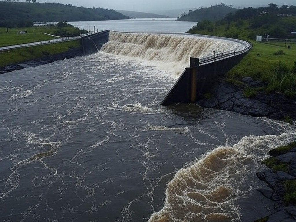 Reservatório do Descoberto transbordando em Brasília, com água fluindo sobre barragem, indicando riscos de inundações e falhas hídricas.