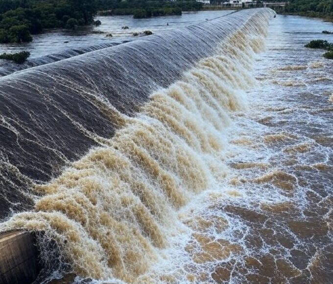 Represa do Descoberto transbordando, com águas inundando margens no DF, alertando para riscos de enchentes.
