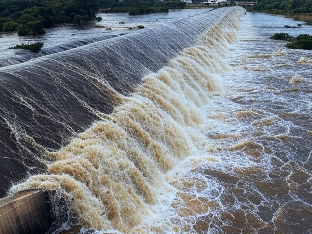 Represa do Descoberto transbordando, com águas inundando margens no DF, alertando para riscos de enchentes.