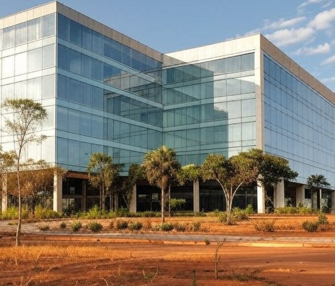 Edifício da Caesb em Brasília com documentos e relógio simbolizando críticas a concurso por prazos curtos e falta de transparência.