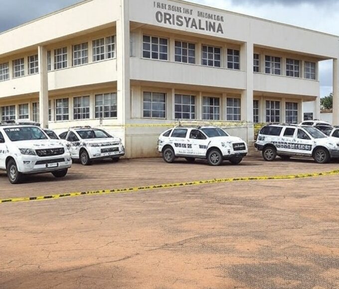 Fachada da Prefeitura de Cristalina com fita de isolamento policial e viaturas, indicando cena de crime após assassinato em festa.
