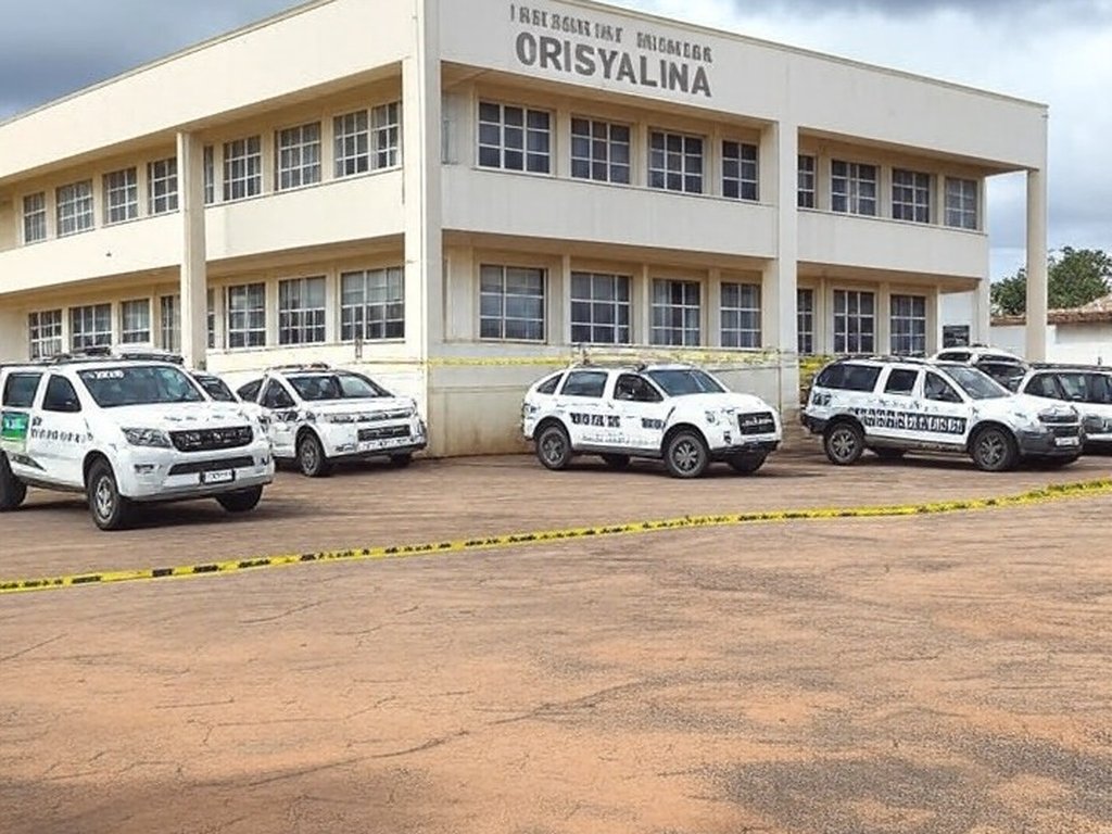 Fachada da Prefeitura de Cristalina com fita de isolamento policial e viaturas, indicando cena de crime após assassinato em festa.