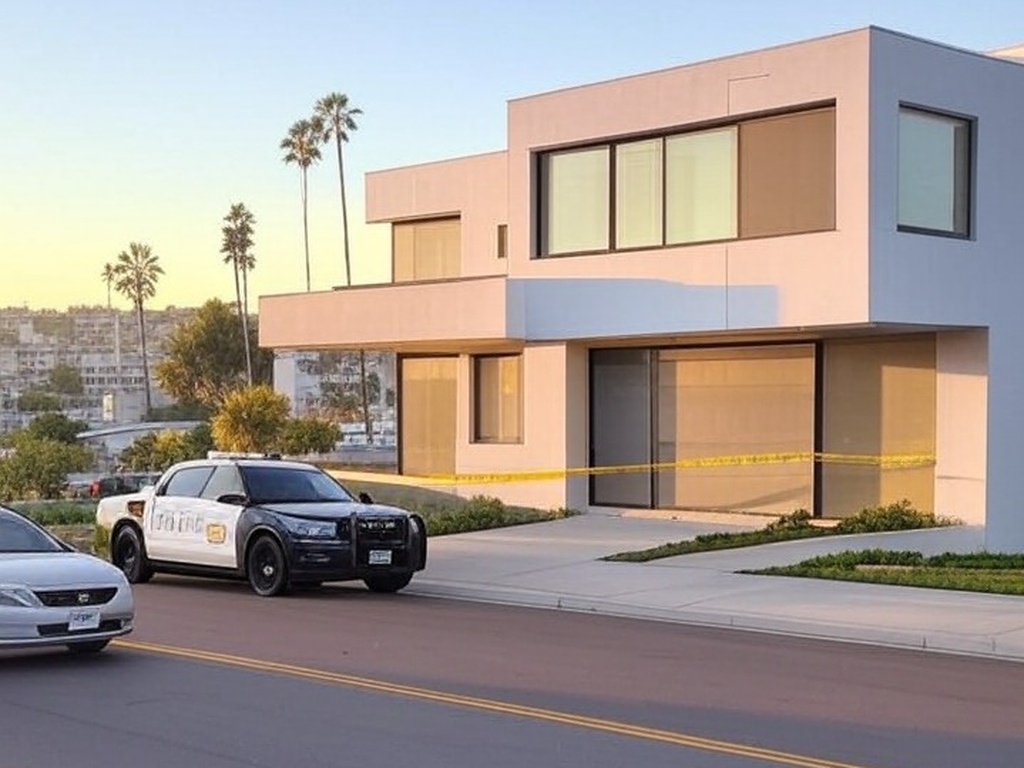 Residência em San Diego com fita de cena de crime e carro de polícia, representando tragédia envolvendo atriz e fisiculturista.