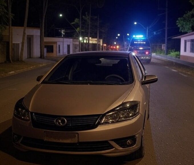 Cena de rua em São Sebastião com carro de aplicativo e viatura policial após tentativa de homicídio contra motorista.