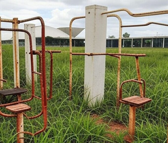 Academia de ginástica para idosos em Brasília com equipamentos desgastados, representando críticas à lei ineficiente da CLDF.