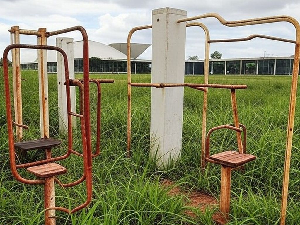 Academia de ginástica para idosos em Brasília com equipamentos desgastados, representando críticas à lei ineficiente da CLDF.