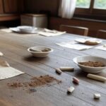 Mesa com terra, giz e papel em cozinha brasileira, representando síndrome de Pica como tema em saúde mental de 2026.