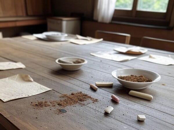 Mesa com terra, giz e papel em cozinha brasileira, representando síndrome de Pica como tema em saúde mental de 2026.