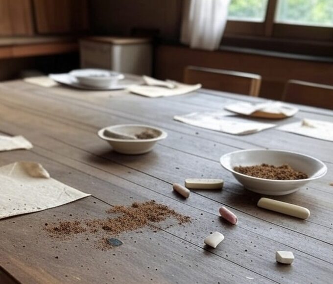 Mesa com terra, giz e papel em cozinha brasileira, representando síndrome de Pica como tema em saúde mental de 2026.