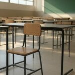 Fachada da CLDF em Brasília com documentos e livros escolares simbolizando redução de mandatos e ameaça à estabilidade educacional no DF.