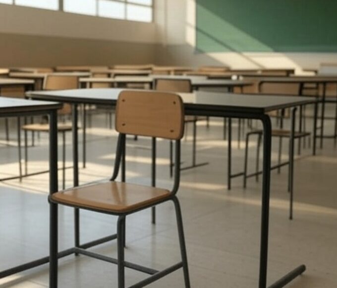 Fachada da CLDF em Brasília com documentos e livros escolares simbolizando redução de mandatos e ameaça à estabilidade educacional no DF.