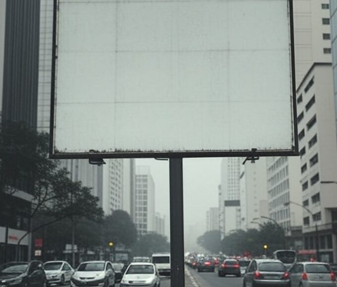 Rua em São Paulo com outdoor vazio representando polêmica efêmera da campanha pé direito e fragilidade da atenção pública.