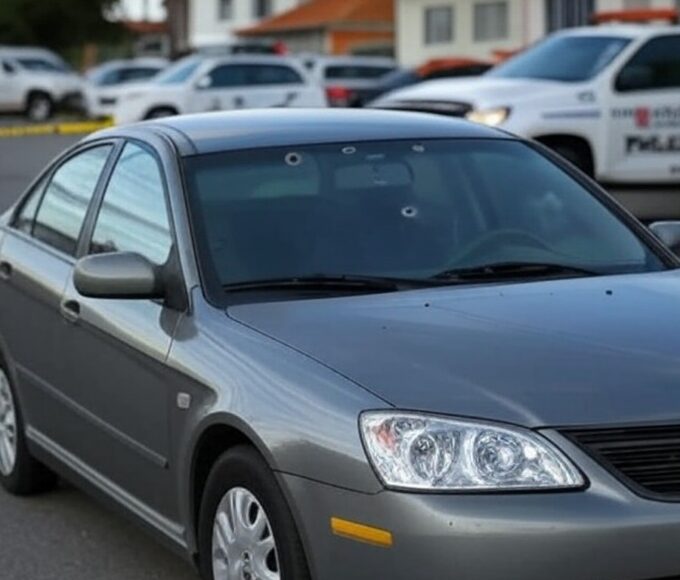 Carro com marcas de bala em rua de São Sebastião, cercado por fita de isolamento e viaturas da polícia, investigando acerto de contas.