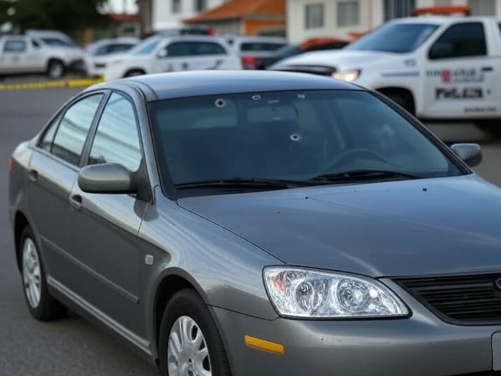 Carro com marcas de bala em rua de São Sebastião, cercado por fita de isolamento e viaturas da polícia, investigando acerto de contas.