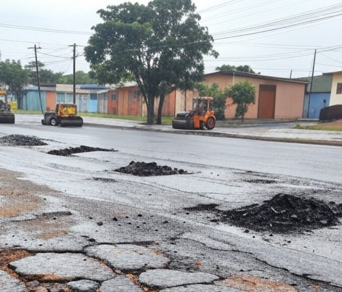 Vias danificadas por chuvas sendo reparadas com asfalto em São Sebastião, Distrito Federal.
