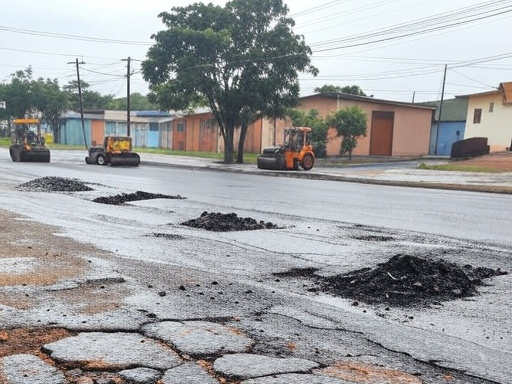 Vias danificadas por chuvas sendo reparadas com asfalto em São Sebastião, Distrito Federal.