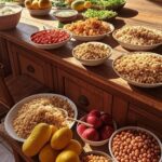 Mesa com alimentos frescos e embalagens de ultraprocessados, inspirando diretrizes alimentares contra produtos industrializados, modelo brasileiro.