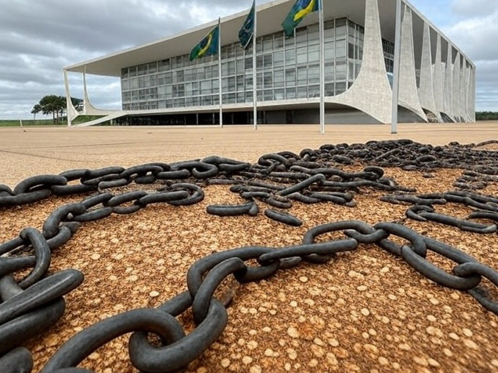 Correntes quebradas em sala governamental de Brasília, representando lei contra trabalho escravo no DF.