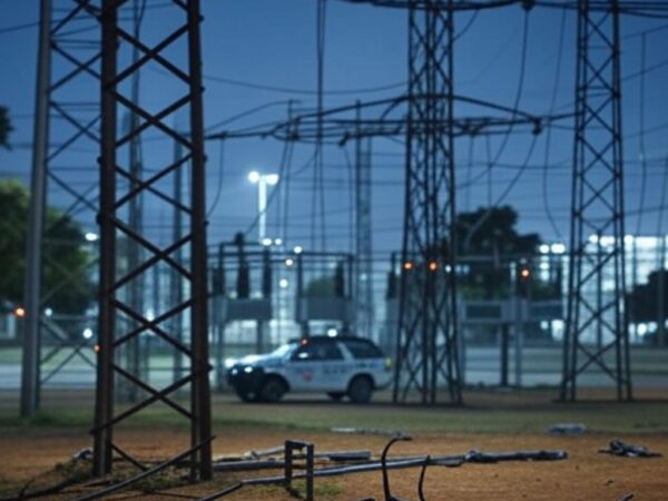 Subestação elétrica no DF com cabos danificados e viatura da polícia, cena de tentativa de furto.