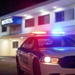 Viatura da polícia em frente a motel no DF, cena de furto de TV e itens de frigobar.