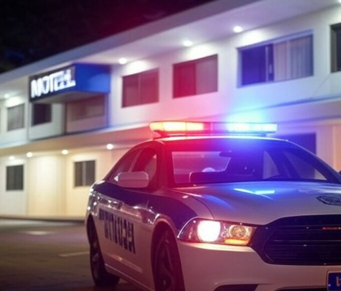 Viatura da polícia em frente a motel no DF, cena de furto de TV e itens de frigobar.