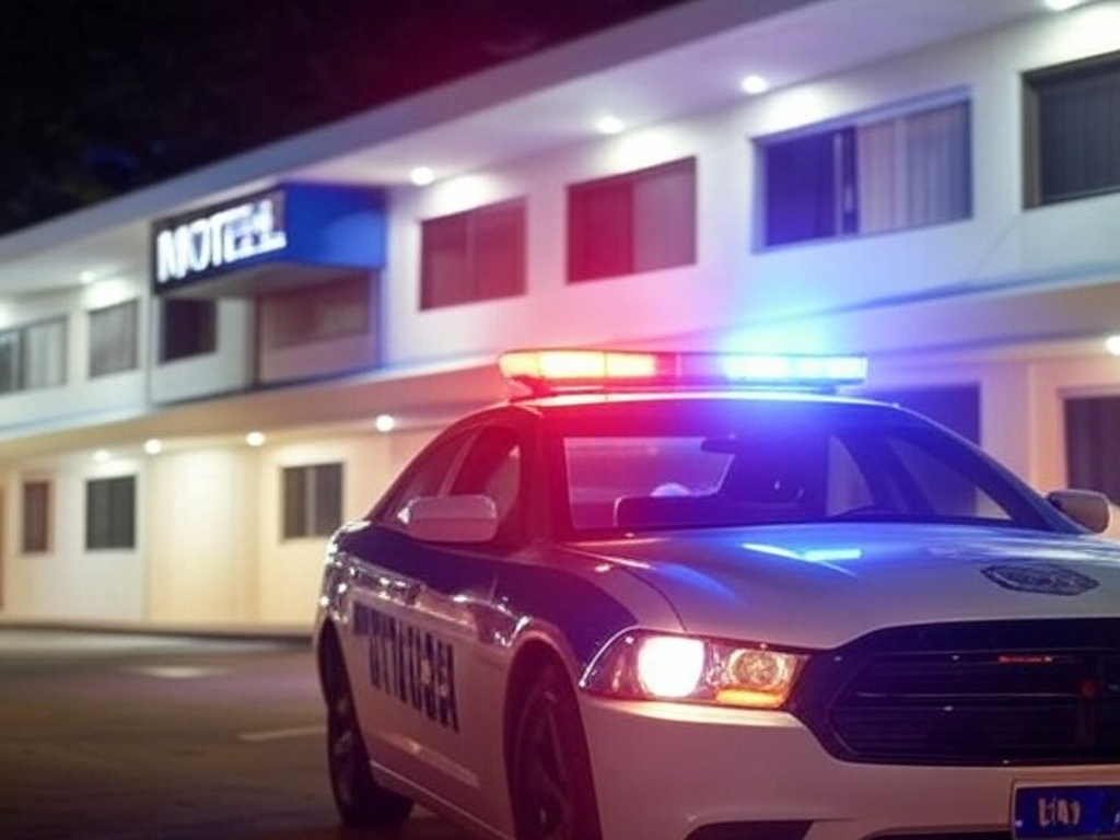 Viatura da polícia em frente a motel no DF, cena de furto de TV e itens de frigobar.