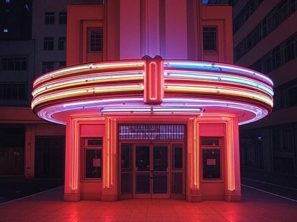 Fachada iluminada de cinema em São Paulo representando sucesso de bilheteria de atrizes como Zoe Saldaña e Scarlett Johansson.