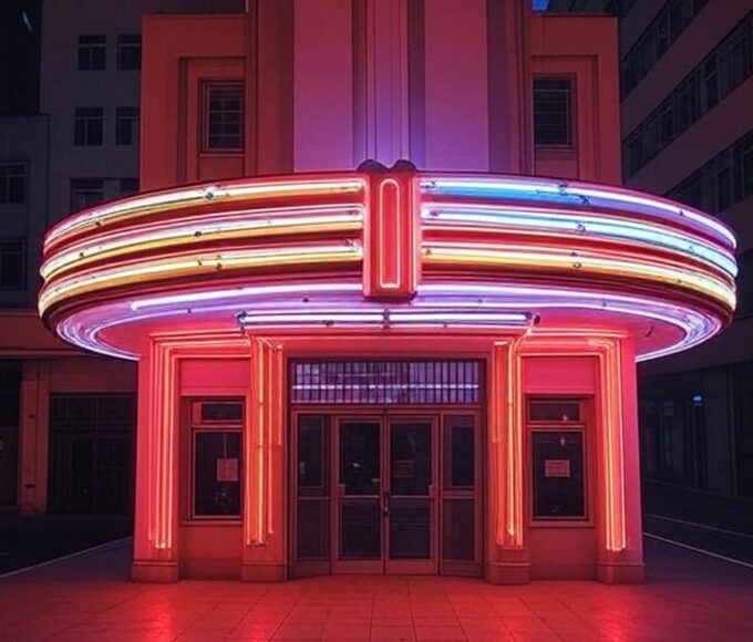 Fachada iluminada de cinema em São Paulo representando sucesso de bilheteria de atrizes como Zoe Saldaña e Scarlett Johansson.