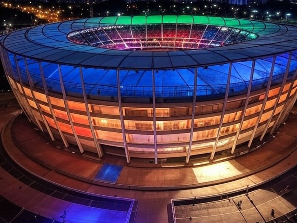 Estádio em São Paulo iluminado à noite, representando anúncio de shows do BTS em outubro de 2026.